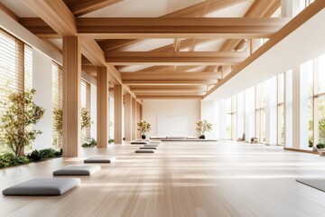 Poster - A yoga studio with light wooden floors, neutral walls, and natural light diffused through blinds, rendered with realistic V-Ray shadows