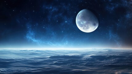 Poster - Vast ocean of clouds under a luminous celestial body in a serene cosmic atmosphere. Generative AI