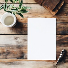 Aufkleber - Blank paper on wooden table with a cup and pen ready for notes in a cozy workspace environment. Generative AI
