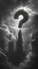 Wall Mural - mysterious silhouette of a question mark looming over a dark, futuristic cityscape under stormy skie
