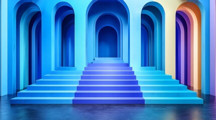 Wall Mural - Colorful Archway Staircase: A vibrant and surreal architectural scene featuring a grand staircase leading to a series of colorful arches in shades of blue, purple, and yellow.