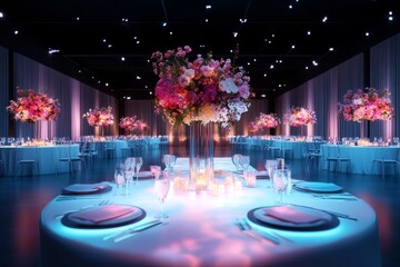 A vibrant digital illustration of a wedding reception, with tables arranged in perfect symmetry, elegant centerpieces, and a glowing dance floor