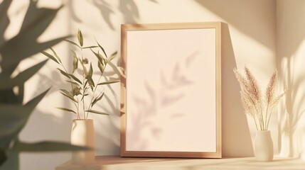 Wall Mural - A minimalistic interior scene showcasing a blank framed picture with plants in a serene setting.