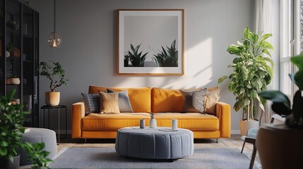 Wall Mural - Bright and modern living room featuring an orange sofa, lush green plants, and a cozy atmosphere.