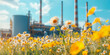 © Azamat - Daisies and wildflowers bloom in front of industrial landscape during a sunny day