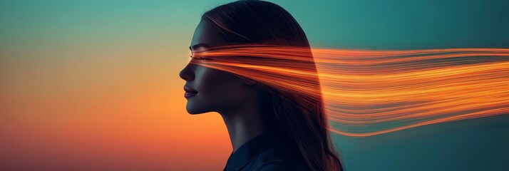 Poster - Woman in Profile with Flowing Orange Light Trails, Concept of Creativity, Duality, and Vision