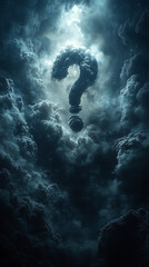 Wall Mural - mysterious clouds swirling around a glowing question mark in a dark, atmospheric sky at night