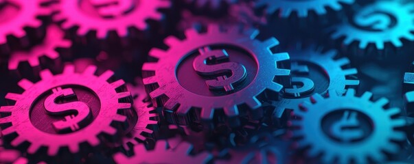 Poster - Colorful gears with dollar signs interspersed, symbolizing finance and industry, set against a dark background with a vibrant gradient.