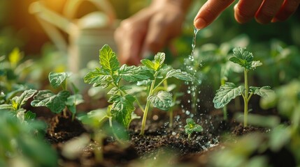 Wall Mural - A photo of hands watering young plants in the garden will convey care for nature and would be appropriate for environmental projects and gardening magazines.