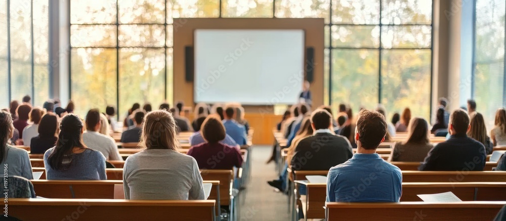 Educational conference hall filled with people sitting in rows ...