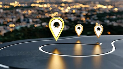 Poster - Map pins illuminate winding routes through a vibrant city at night, showcasing navigation technology and urban exploration