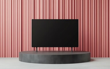 Poster - modern black tv on a circular stand against a striped pink wall in minimalist interior.