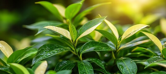 Wall Mural - Lush Green Foliage Water Droplets on Leaves Gentle Filtered Sunlight Botany Themes Nature s Beauty