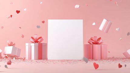 Sticker - Valentine's Day card design with blank paper, gifts, ribbon, and confetti on a pink background, love and romance concept.