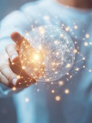 Poster - Close up of business man hand pointing at abstract glowing polygonal sphere and digital business interface on blurry blue background. Future, innovation and technology concept. Double exposure