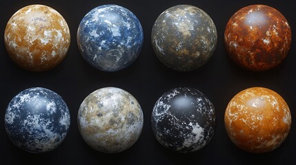 Canvas Print - Eight textured spheres with diverse color patterns, arranged in a grid on a black background.