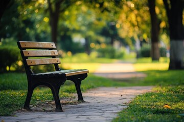 Poster - Inviting empty park bench on a sunny day with lush greenery and copy space for text. Generative AI