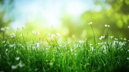 Aufkleber - Lush green meadow filled with delicate white flowers in a serene natural setting during a sunny day. Generative AI