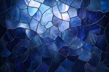 Poster - Colorful stained glass artwork showcasing shades of blue with mother of pearl accents in intricate pattern