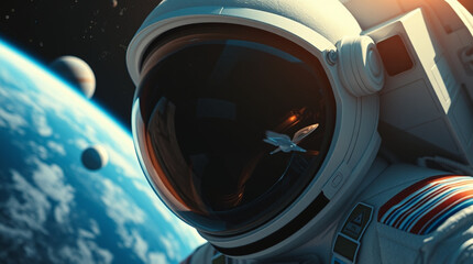 Wall Mural - An astronaut floating in space, with planets and stars around them