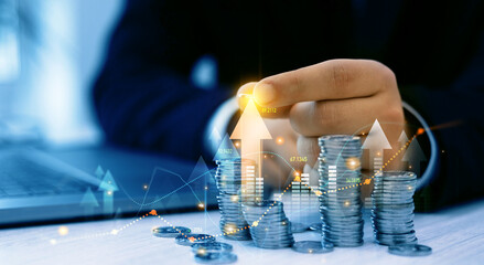 Poster - Saving money concept.Stack of coins with trading price graph growth.Money business financial graph diagram of coin. Financial growth data or investment market profit bar and success report.