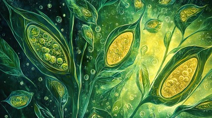 Poster - Abstract Green Floral Art Featuring Yellow Ovals