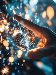 Poster - Close up of business man hand pointing at abstract glowing polygonal sphere and digital business interface on blurry blue background. Future, innovation and technology concept. Double exposure