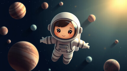 Wall Mural - An astronaut floating in space, with planets and stars around them