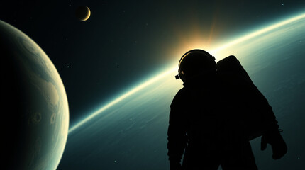 Wall Mural - An astronaut floating in space, with planets and stars around them