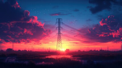 Silhouettes of power lines against a colorful sunset sky