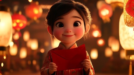 Sticker - Happy girl holding red envelope amidst glowing lanterns.