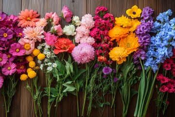 Wall Mural - Colorful assortment of fresh flowers displayed together on a wooden surface