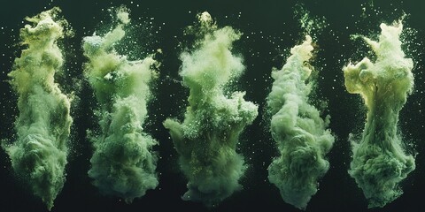 Poster - Colorful green powder bursts create mesmerizing abstract effects in a dark background with dynamic motion