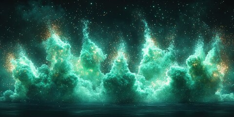 Poster - Vibrant turquoise smoke rises dramatically against a dark sky reflecting the beauty of vivid colors and light effects