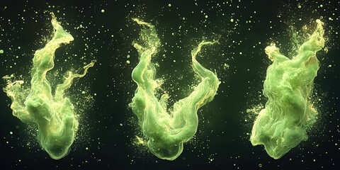 Poster - Vibrant green liquid splashes creating dynamic and swirling forms in a dark background