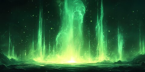 Poster - Green luminescence fills the sky above a mystical landscape at night, creating an enchanting celestial display