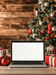 Wall Mural - laptop computer with white blank empty mock up screen on merry christmas table with presents gifts, 