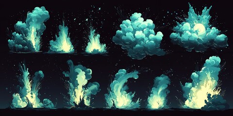 Poster - Explosive bursts of energy create vibrant cloud formations in a dark sky during a cosmic display of color and light