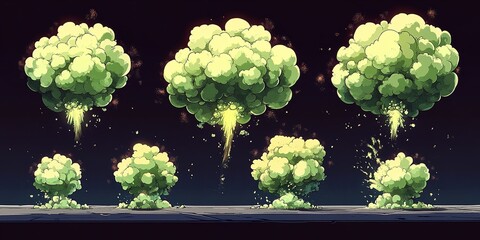 Poster - Green smoke clouds rising in a sequential explosion against a dark background in a dynamic animation sequence