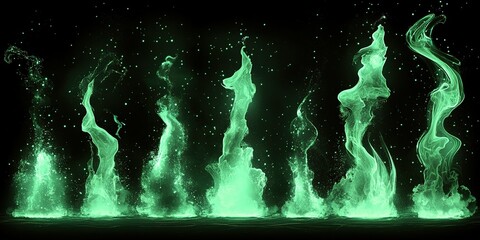 Poster - Green swirling smoke formations rising against a dark background create an ethereal ambiance in a mystical atmosphere