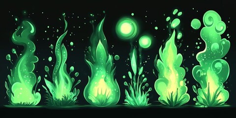 Poster - Vibrant green flame designs with swirling patterns and glowing orbs against a dark background
