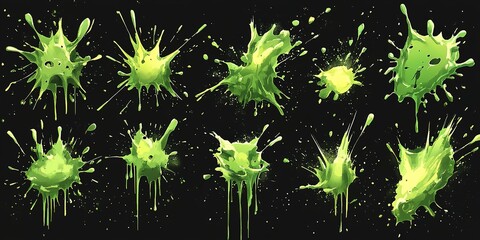 Poster - Bright green paint splashes on black background showing various dynamic patterns from different angles and intensities
