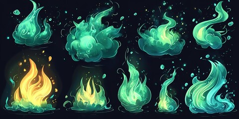 Poster - Visually captivating collection of stylized magical flames in various colors and shapes, showcasing creativity and artistic expression in digital art