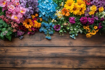 Wall Mural - Colorful assortment of fresh flowers displayed together on a wooden surface