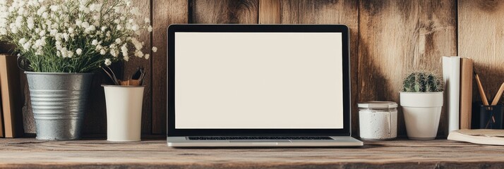 Poster - empty workspace featuring a laptop on a rustic wooden desk with plants and stationary for personaliz