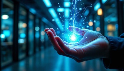 Fototapete - Futuristic hand manipulating glowing blue light symbolizing advanced technology