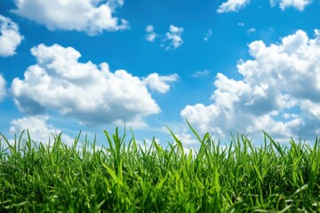 Poster - Lush green grass against a bright blue sky with fluffy white clouds in a serene outdoor setting. Generative AI