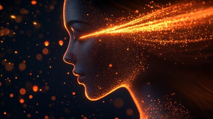 Poster - Digital Enlightenment Abstract Profile of a Woman with Powerful Energy Beams, 3D Rendering