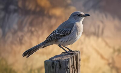 Wall Mural - Aerial view of a Northern Mockingbird perched on a wooden post , kent county, wildlife sanctuary