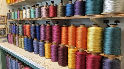 Wall Mural - Colorful spools of thread arranged neatly on a table in a craft studio with flowers in the background